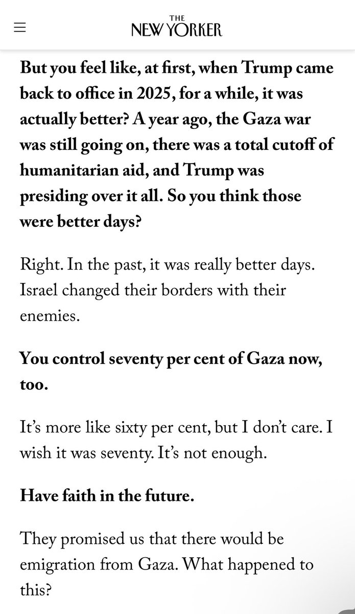 DropSiteNews's tweet photo. 🗣️ “I can tell you that I speak with people of a very high rank in Israeli defense, and they speak of a seventy- or eighty-per-cent chance to replace the Iranian regime if Trump allows the militias from Iraq to invade Iran.”

(Q: These are Kurdish militias you’re talking about?)

“Not only. Israel can provide them with weapons. This was part of the plan. And then, to our amazement, Trump said the Kurds didn’t want to fight. But, really, Trump is the one who forbade them from fighting, because Erdoğan put pressure on him not to do it. Israel had a brilliant plan and spent a lot of money, and shocked the Iranians in the beginning of the war. But you prevented the militias from acting, and now you ask why the regime didn’t fall. Because you didn’t give us the chance. In Gaza. In Lebanon. In Syria. In Iran. Everything we wanted to do, you prevented us from doing it.”
—

The New Yorker’s Isaac Chotiner interviewing Shimon Riklin, an anchor on Israel’s Channel 14, and a Netanyahu ally, who thinks “America stabbed Israel in the back.”