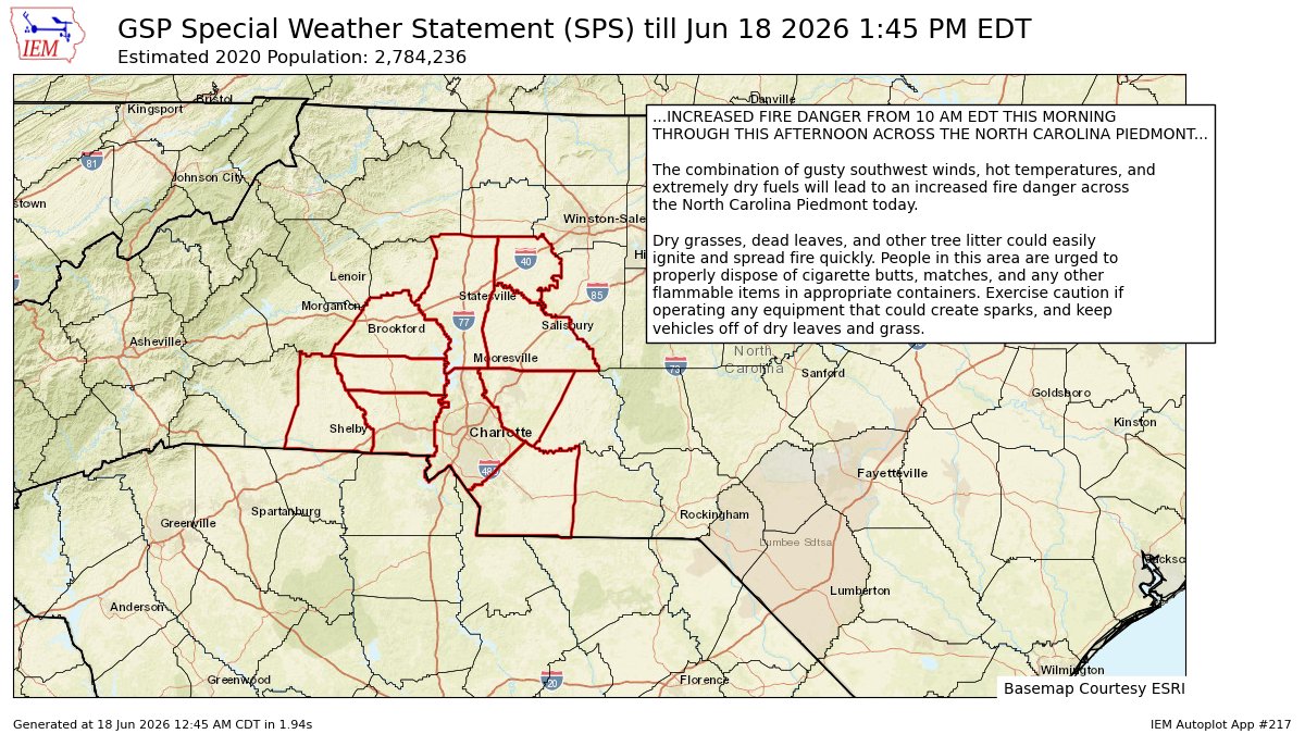 WNC_Weather's tweet photo. INCREASED FIRE DANGER FROM 10 AM EDT THIS MORNING THROUGH THIS AFTERNOON ACROSS THE NORTH CAROLINA PIEDMONT for Cabarrus, Catawba, Cleveland, Davie, Gaston, Iredell, Lincoln, Mecklenburg, Rowan, Union [NC] till 1:45 PM EDT https://t.co/rIAjP7lKs6 https://t.co/R6JujP5s3U