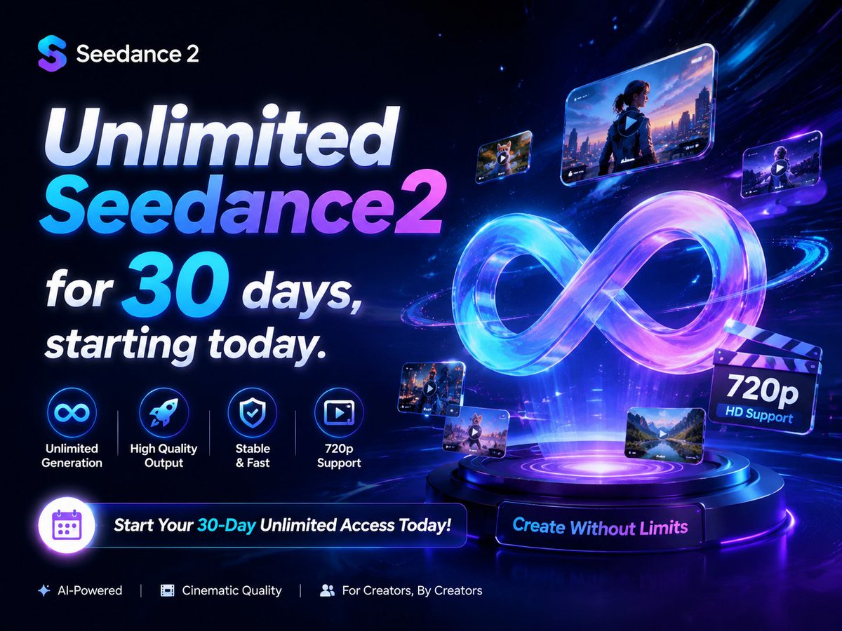 Creaa_ai's tweet photo. Seedance 2 has been live for 15 days, and it just got EVEN FASTER. ⚡️

We kept it simple: 
✅ Blazing fast speeds.
✅ Zero hidden tricks. Truly UNLIMITED. 
✅ Your choice. Pick a 15, 22, or 30-day subscription plan.
Stop worrying about credits and start directing. Choose your plan below! 👇  #Seedance #Unlimited