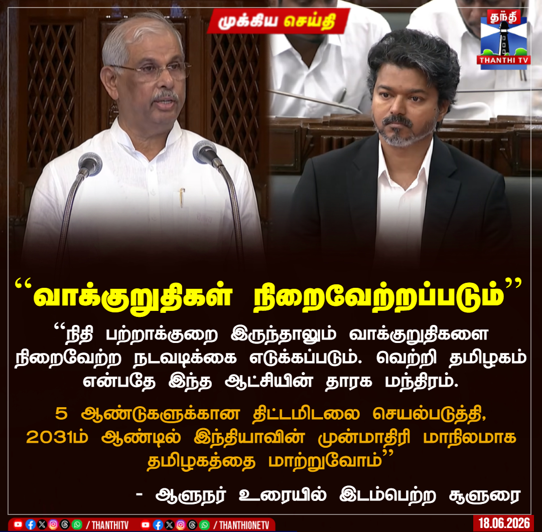 ThanthiTV's tweet photo. LIVE LINK : https://t.co/yoP3VEoZcl

``வாக்குறுதிகள் நிறைவேற்றப்படும்’’

``நிதி பற்றாக்குறை இருந்தாலும் வாக்குறுதிகளை நிறைவேற்ற நடவடிக்கை எடுக்கப்படும். வெற்றி தமிழகம் என்பதே இந்த ஆட்சியின் தாரக மந்திரம்.

 5 ஆண்டுகளுக்கான திட்டமிடலை செயல்படுத்தி, 2031ம் ஆண்டில் இந்தியாவின் முன்மாதிரி மாநிலமாக தமிழகத்தை மாற்றுவோம்’’

- ஆளுநர் உரையில் இடம்பெற்ற சூளுரை

#TNGovernor #CMVijay #TNAssembly #ThanthiTV