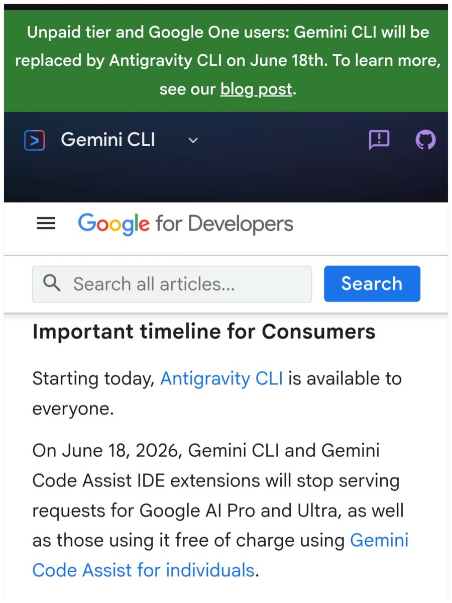 Google Developers migration notice showing that Gemini CLI and Gemini Code Assist stop serving Google AI Pro, Ultra, and free individual users on June 18, 2026