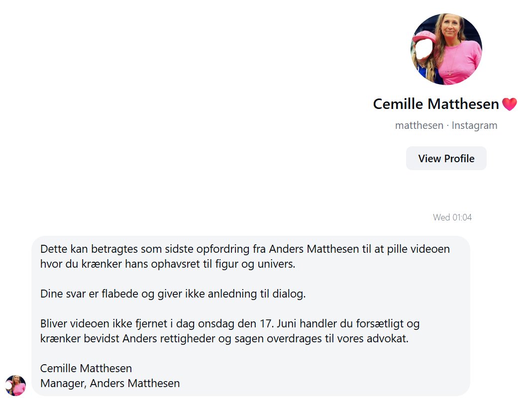 Statsstyret's tweet photo. Jeg har fået følgende besked på Instagram fra Cemille Matthesen, som er Anders "Anden" Matthesen manager og kone, fordi hun mener jeg har brudt Anders Matthesens ophavsret.
1/12
#dkpol #dkmedier #censur #ytringsfrihed #comedy https://t.co/GlXQMlGFkS