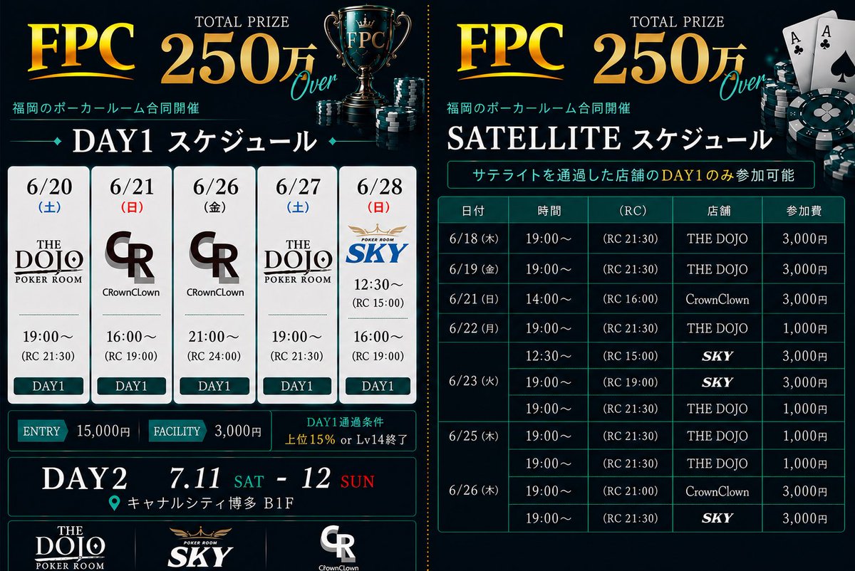 TWOYAKO285's tweet photo. 色々と本格始動ですね！
今回のイベントは、少し特殊なので改めて、お伝えします😊
半クローズ型イベントなので、３店舗で開催されるDay1に参加した方のみ、キャナルシティで開催される2日間のイベントに参加できます！
遠方からのご参加や盛り上がって、見逃してた方ご注意ください👍
#ポーカー

重要
今一度、３店舗のスケジュールのご確認を！
※サテライトのみでは、参加できませんのでご注意ください
@FPCfukuoka 
@sky_minoshima 
@rownlown 
@dojofukuoka