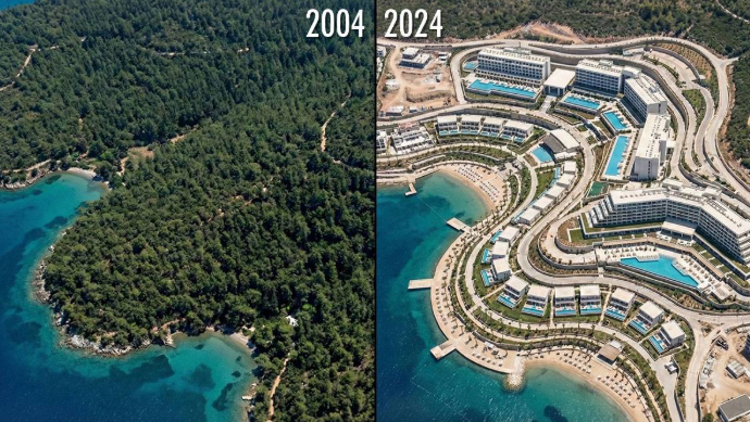 tulpar24's tweet photo. Bodrum Güvercinlik'te 2007'de yanan orman alanına lüks otel yapıldı: Uydu görüntüleri 20 yılı belgeleyen dönüşümü gözler önüne serdi

2007 yılında çıkan yangın, Bodrum'un Güvercinlik koyundaki yaklaşık 250 hektarlık ormanı tamamen yok etti. Yetkililer o günlerde net konuşmuştu: "Bu alan anayasa güvencesi altındadır, kesinlikle ağaçlandırılacak."

Ne oldu? 

2014'te iş makineleri bölgeye girdi. Yıkılan ağaçların yerini hafriyat, ardından beton aldı. Bugün aynı koordinatlarda lüks bir tatil tesisi hizmet veriyor.
Yetkililer turizm tahsisatının yangından çok önce yapıldığını savunuyor. Uydu görüntüleri ise 2004'teki yeşil vadiyle 2024'teki beton bloğu yan yana koyuyor. Kalanı size bırakıyoruz.
