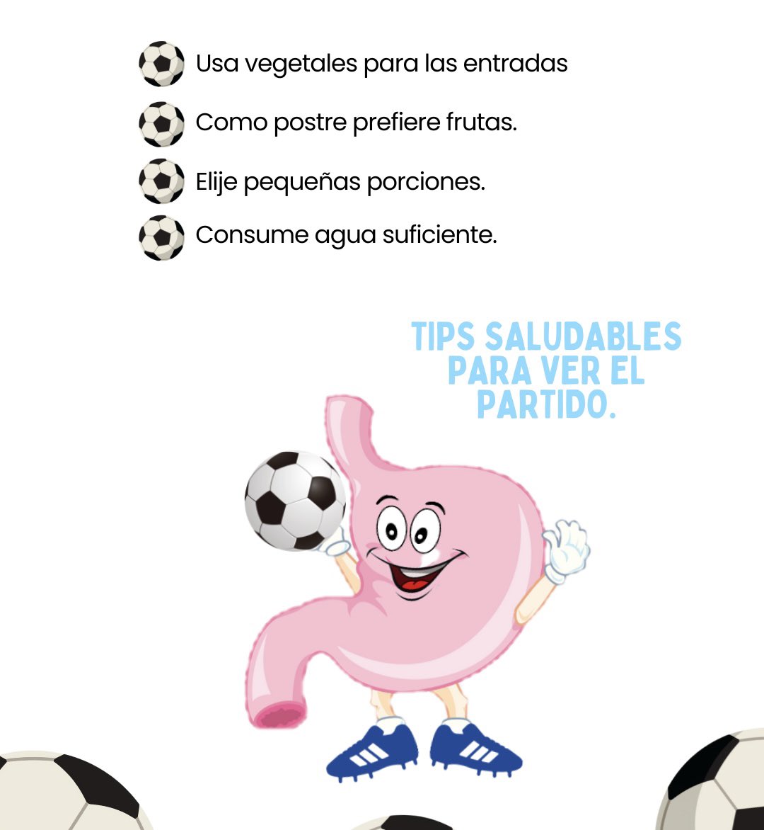 GastropediaSv's tweet photo. Gastrotips
⚽️Vegetales para las entradas
⚽️Elije pequeñas porciones
⚽️Suficiente agua
⚽️Suficiente fibra
⚽️Evita comidas chatarra
⚽️Evita exceso de dulce y sal
⚽️Sonríe y disfruta el partido
Aprovecha este tiempo para compartir pensamientos positivos y mejorar tu salud digestiva https://t.co/qtqc5H2amf