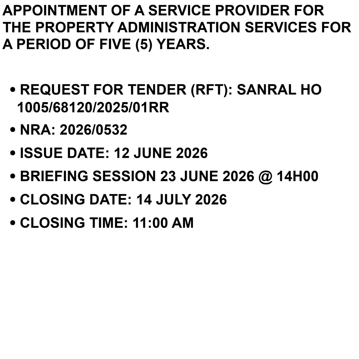 SANRAL_za's tweet photo. Bids shall be clearly marked with the RFT reference number and sealed in an envelope when placing in the tender box GPS Coordinates: (https://t.co/G3r6zEqt8s)
Compulsory briefing Link: MS Teams meeting: https://t.co/LUAmE5mIvs
Meeting ID: 336 553 494 274 860
Passcode: JZ7SJ7nN https://t.co/iUjeXu3ouo