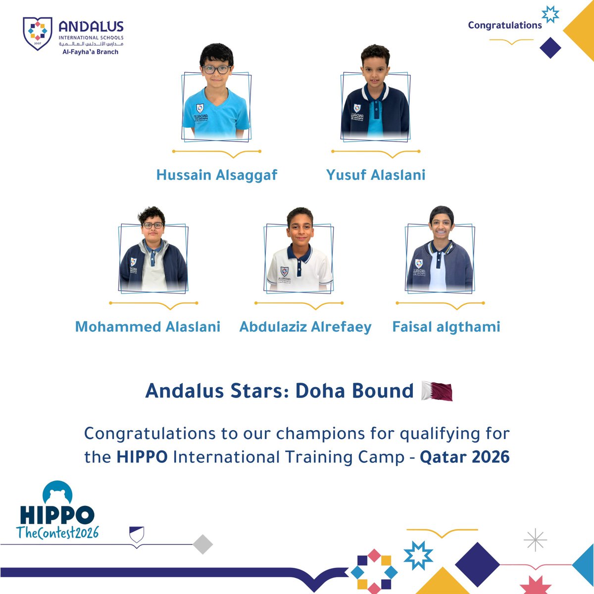 aisedusa's tweet photo. Congratulations to our Andalus Stars from alfayhaa Branch in #jeddah for qualifying for the HIPPO International Training Camp – #Qatar 2026 🇶🇦. https://t.co/qLndv6ZDjf