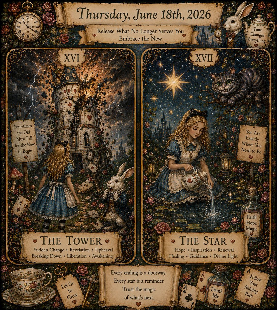 EnergeticForces's tweet photo. Wonderland Mini Reading for Thursday June 18th

“Alice watches an old castle tumble into a shower of playing cards and rose petals. For a moment, everything seems uncertain. Then she notices a brilliant star shining where the tower once stood. The Cheshire Cat smiles because he understands a secret: sometimes the path appears only after the wall disappears. Today, trust the unfolding. What feels like an ending may actually be a doorway disguised as change.”