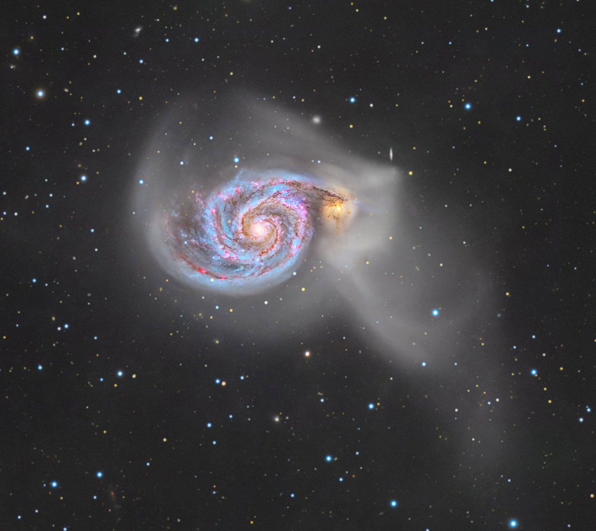 zwoastro's tweet photo. 🌪️ 35.5 Hours on M51, 

The Whirlpool Galaxy (M51) is one of the most iconic galaxies in the night sky—but capturing its delicate spiral arms, glowing star-forming regions, and faint tidal structures takes more than a single night.

With an incredible 35.5 hours of integration time, this image reveals stunning detail across the galaxy's face, from intricate dust lanes winding through the spiral arms to the ongoing gravitational dance with its companion galaxy.

Located approximately 27 million light-years away, M51 is a reminder that even across unimaginable distances, the universe is full of structure, motion, and beauty. ✨

⏱️ 35.5 Hours Total Integration
🔭 Askar 140 APO
📷 ASI2600MM Pro
⚙️ ZWO Mount
🌌 Ha + LRGB

Zoom in and explore the details—how many star-forming regions can you spot? 👀

 Credit: Gianni Lacroce

#ZWO #ASI2600MMPro #M51 #WhirlpoolGalaxy #GalaxySeason #Astrophotography  #Astronomy  #Galaxy