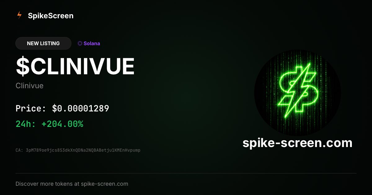 SpikeCoinDev's tweet photo. 🔥 Clinivue $CLINIVUE

$0.00001289
+204.00% (24h)

3pM789oe9jcs8S3dkXnQDNa2NQBABetju1KMEnHvpump

https://t.co/4gnlUnieGs

#Solana #Memecoin #Crypto $SPIKE https://t.co/DLp1Jc6w6N