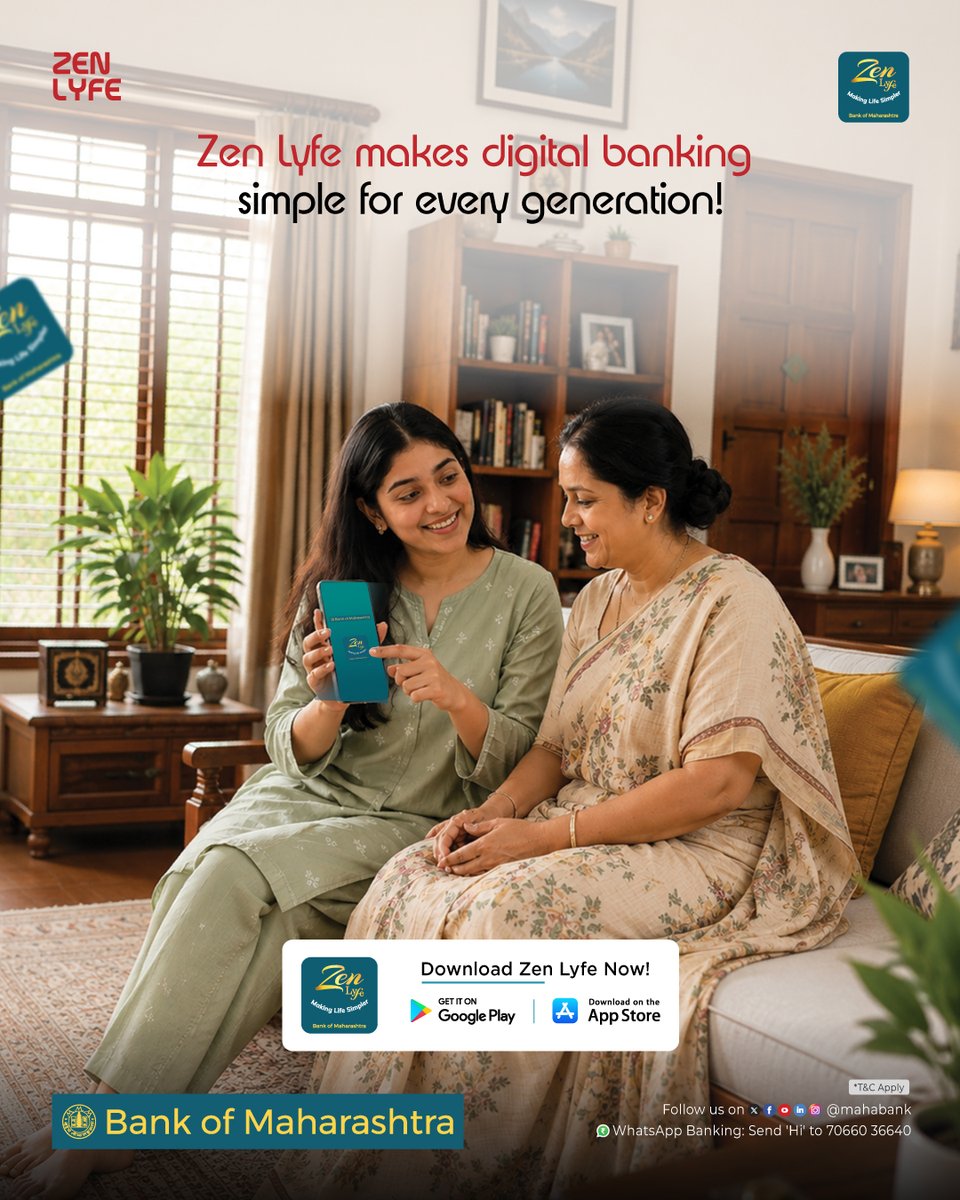 mahabank's tweet photo. Banking is easier when it fits every generation. Zen Lyfe mobile banking app ensures that digital banking feels simple, accessible, and truly connected to your lifestyle. Zen Lyfe- Making Life Simpler!
#ZenLyfe #MakingLifeSimpler https://t.co/wNBQePF1QK
