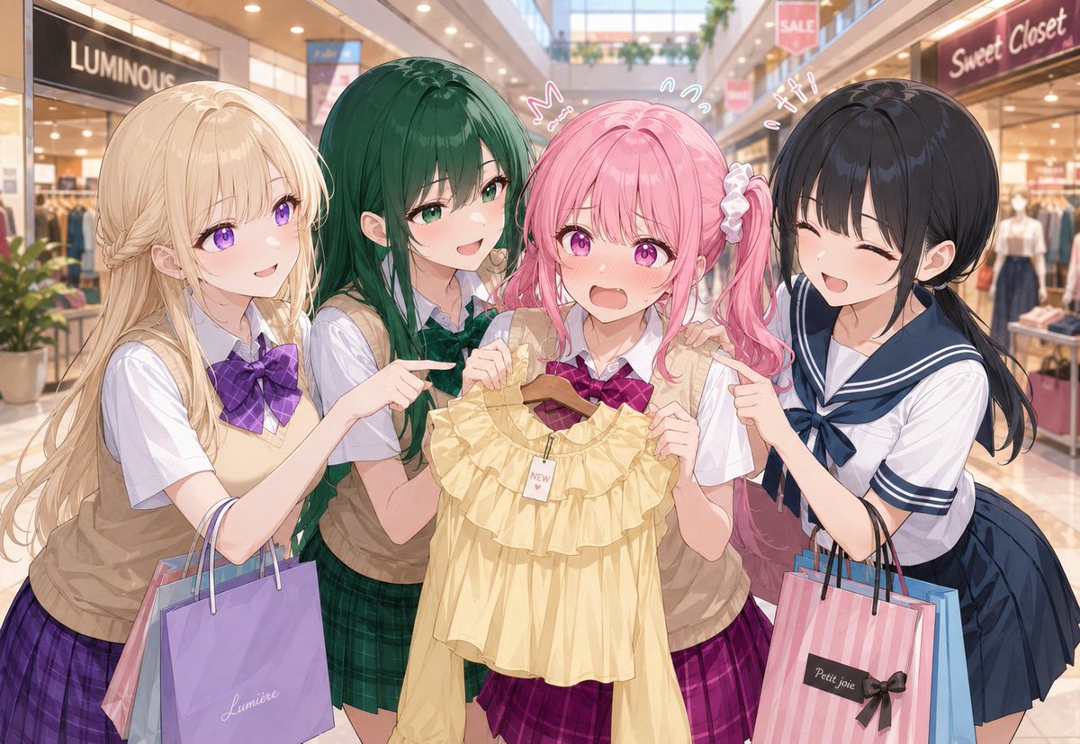 mitsuki_artwork's tweet photo. 今日は羊さん(@461_373)のところの、紗香ちゃん、悠葉ちゃん、里奈ちゃんと4人でショッピングモールに遊びに来ました❤️
里奈ちゃんは服を買うか悩んでて、みんなで着せ替え人形のように服選び✨️
里奈ちゃんは照れてたけど、とっても似合ってたよ💕

コラボ大歓迎です❤️
お声掛け下さいね😆 https://t.co/O57kJxr96w