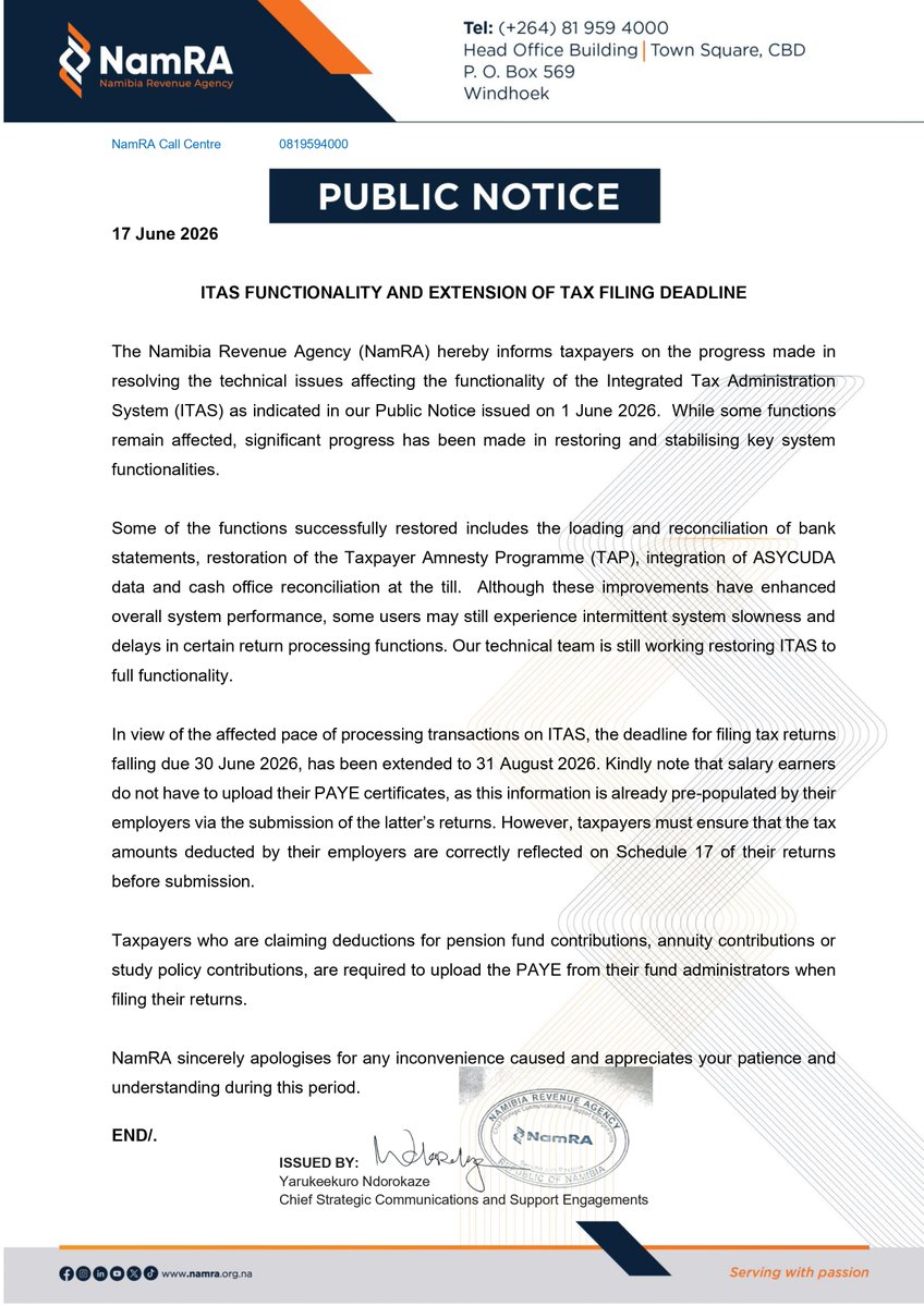 NamRA_org_na's tweet photo. Public Notice: ITAS Functionality and Extension of Tax Filing Deadline. https://t.co/kLioYAcsoe