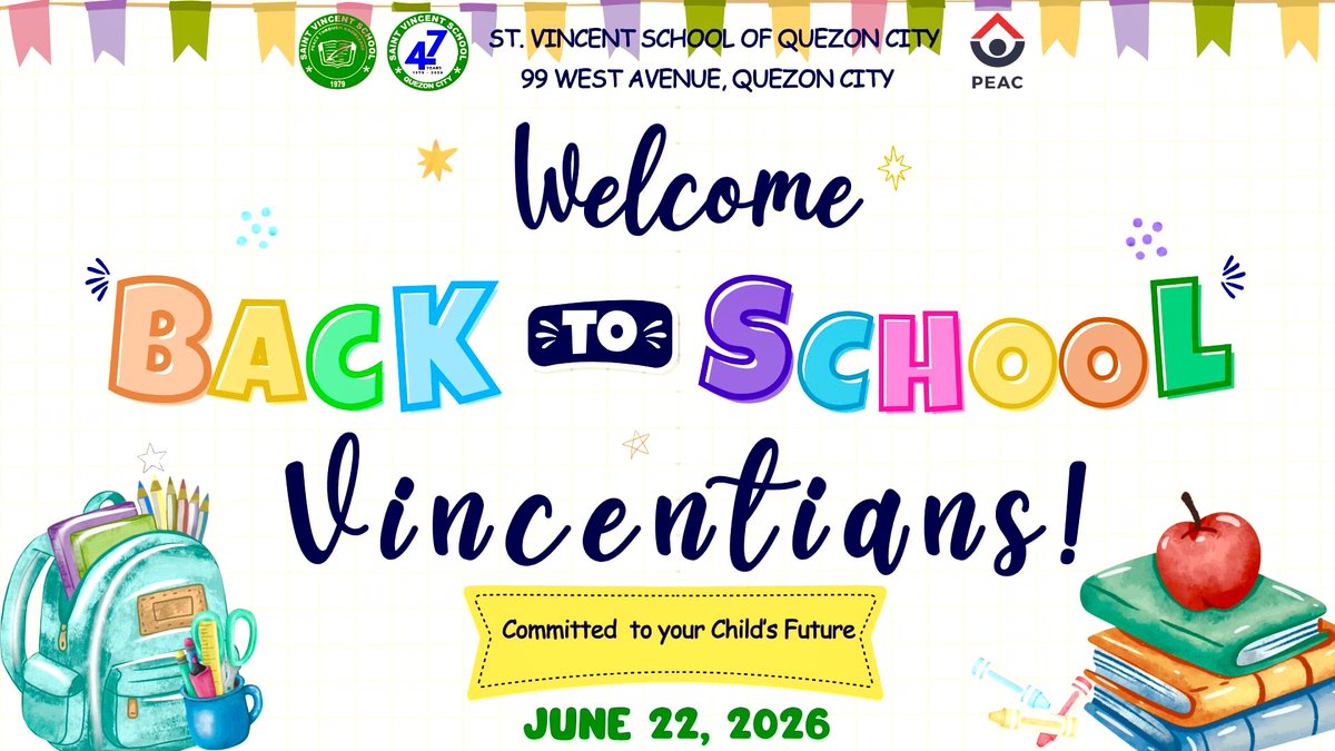 SVS_QC's tweet photo. Welcome back to school Vincentians!
June 22, 2026 (Monday)
For inquiries, please call:
West Avenue, QC Campus
837-18955
837-18956
Kindly visit our website,
https://t.co/G9A58yEkTu
Email us:
svsmain99@gmail.com
admissions@stvincentschool.edu.ph
#svs #SVSQC #stvincentschool https://t.co/CQqenLWmcp