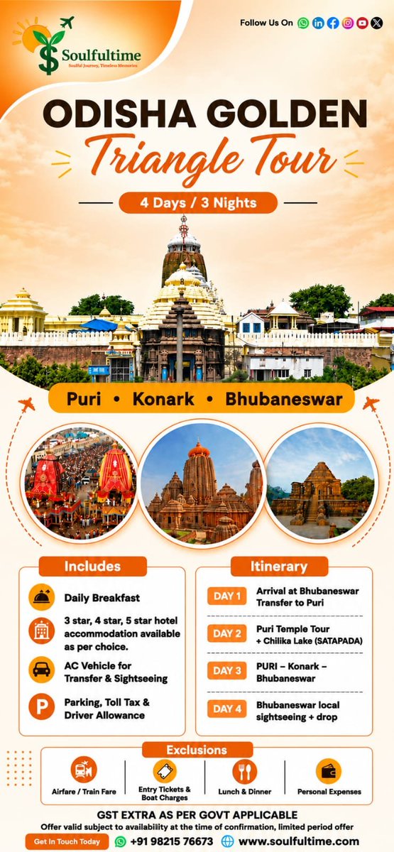 Soulful__time's tweet photo. ✨ Explore the best of Odisha in 4 Days / 3 Nights! 🛕🌊

Discover Puri, Konark &amp; Bhubaneswar with comfortable stays, sightseeing, and unforgettable experiences.

📞 +91 98215 76673
🌐 https://t.co/aWHsPXGrtN

#OdishaTour #Puri #Konark #Bhubaneswar #TravelWithSoulfulTime https://t.co/egXTf3Z9Vd