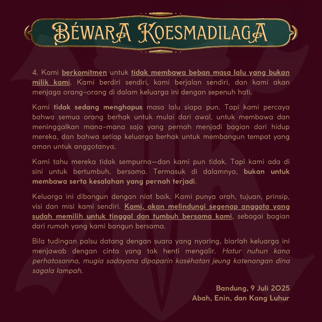 MuaraRuam's tweet photo. @crnetto ᅠ
Pada saat itu, permasalahan dipicu oleh tuduhan sepihak yang bersangkutan dengan keluarga kami. Detail &amp; klarifikasi mengenai hal tersebut sebetulnya sudah pernah kami sampaikan secara transparan melalui klarifikasi di akun @KOESMADILAGA yang saat ini telah ditangguhkan.
ᅠ ᅠ https://t.co/z1jKyOlFZW
