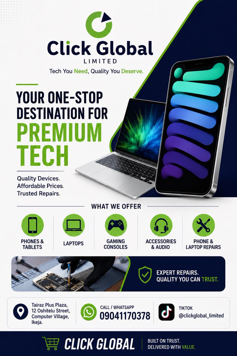 Adeyinka_tweets's tweet photo. Your One-Stop Destination for Tech Excellence. 📱💻🎮
Phones. Laptops. Gaming Consoles. Accessories. Repairs.
Everything tech, all in one place.
📍 Tairaz Plus Plaza, 12 Oshitelu Street, Computer Village, Ikeja.
📞 09041170378
Visit us today and experience tech the right way.
#ClickGlobal #TechStore #gadgetstore #apple #iphone #samsung #ComputerVillage #Ikeja