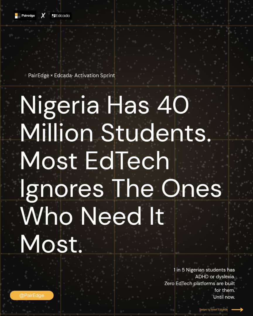 PairEdge_'s tweet photo. Nigerian EdTech has a blind spot and it's affecting millions of students.
Swipe to meet @tryEdcada: the AI exam prep platform finally built for neurodivergent learners. WAEC. JAMB. NECO. Built different. 
Public launch: July 1, 2026.
#Edcada #PairEdge #GRIDs #WAEC #JAMB  #Startup https://t.co/dk3R8RuWux