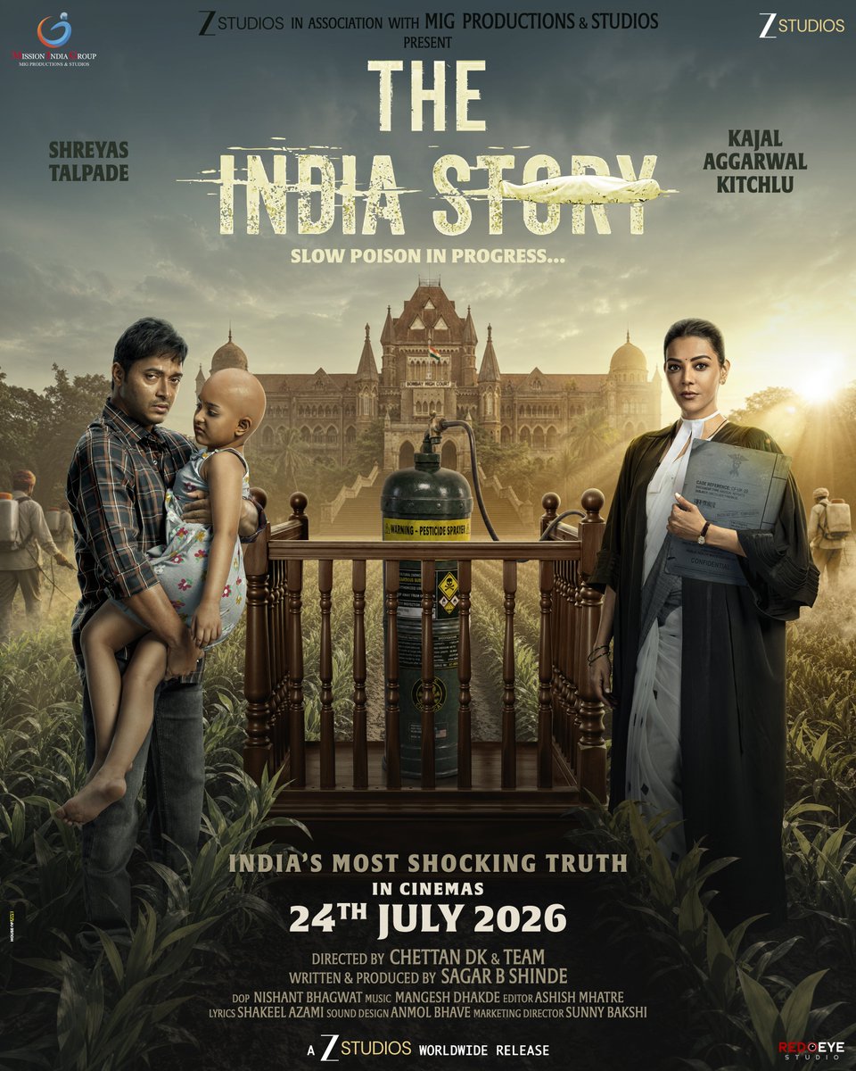 taran_adarsh's tweet photo. KAJAL AGGARWAL - SHREYAS TALPADE: 'THE INDIA STORY' FIRST POSTER UNVEILED – 24 JULY 2026 RELEASE… The makers of #TheIndiaStory – starring #KajalAggarwal and #ShreyasTalpade – drop the film's first official poster, revealing the striking looks of the lead actors.

The film addresses the issue of food adulteration.

Presented by Zee Studios in association with MIG Productions & Studios, the film is directed by Chettan DK and produced-written by Sagar B Shinde.

Co-produced by Sumit Bagade, Anita Jadhav, Vinayak Saidani, Kalpesh Shah, Devyani Khorate, and Prem Joshi.

A Zee Studios worldwide release, #TheIndiaStory is set for a theatrical release on 24 July 2026 in #Hindi, #Tamil, and #Telugu.