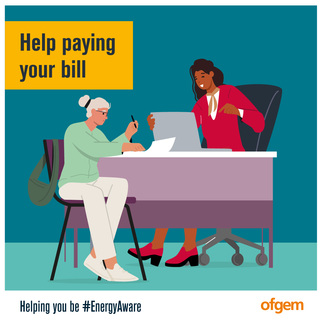 An elderly woman consulting a professional at a desk.
TEXT: Help paying your bill