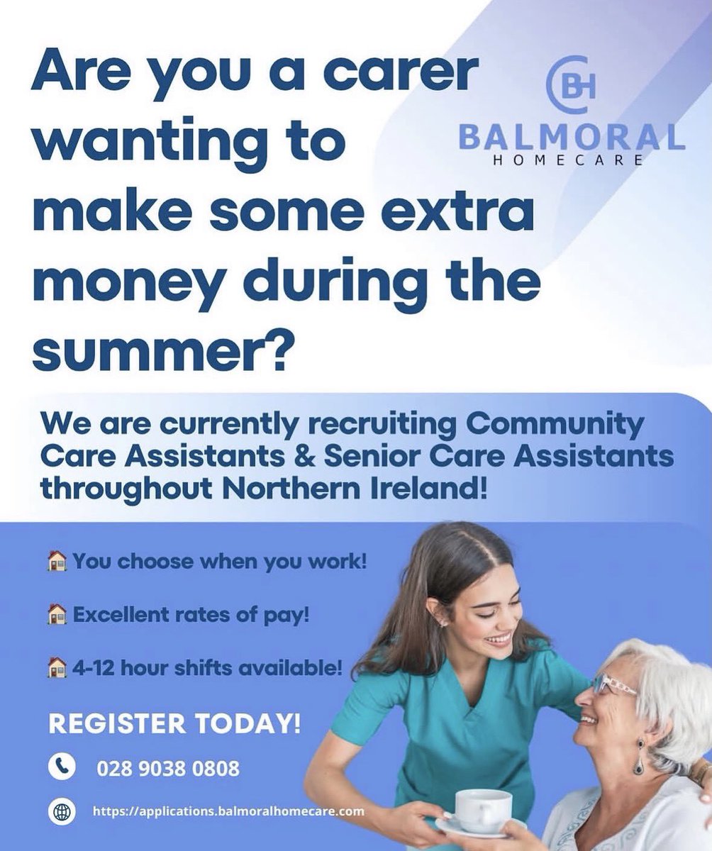 BalmoralHome's tweet photo. Are you a Community Care Assistant or Senior Community Care Assistant and wanting to make some extra money during the summer? 🏠☀️

If you’re looking for a role where you feel supported, valued and part of a team that cares, we’d love to hear from you! 💙
https://t.co/cAbh2TefLD https://t.co/APENhCKXYp