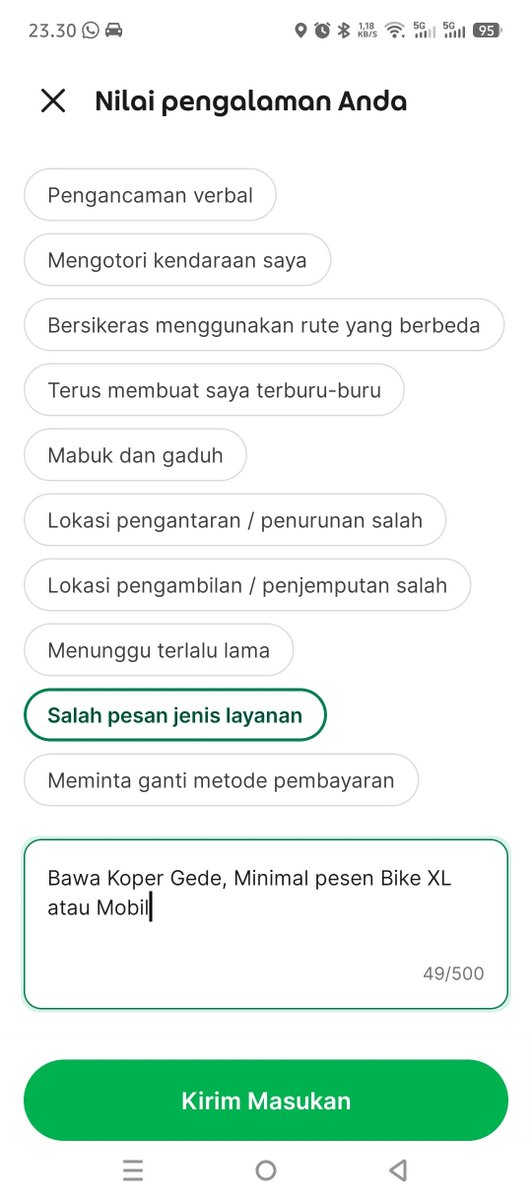 atokdalangs4's tweet photo. Sebagai driver ojol Saya tidak melarang penumpang menggunakan layanan hemat, silahkan gunakan layanan hemat tapi sesuai dengan ketentuannya. Layanan hemat cocok untuk harian dari rumah ke stasiun, dari stasiun ke tempat kerja, 

dari rumah ke sekolah, dari sekolah ke rumah. Tapi untuk kondisi tertentu tolong kalian gunakan layanan yang semestinya, contoh pengguna Hemat yg Dzolim menurut Saya.

Sebagai contoh gambar, saya rating b1 karena order hemat tapi membawa koper besar, kalau bawa barang berlebih sebaiknya order layanan Comfort/XL atau lebih nyaman pakai mobil. Masih banyak beberapa anomali penumpang Hemat. 

Berat badan lebih dari 70kg harusnya pesan Comfort / XL (Bukan Body Shaming, tapi harus sadar diri demi keselamatan di jalan, jangan jadi orang yang merugikan orang lain, badan besar pesan hemat itu bisa ngerusak motor driver).

cc:threadmuhamadcosim93