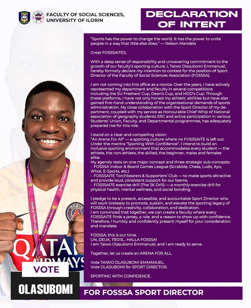 su_bomz's tweet photo. “Sports has the power to unite, inspire, and create opportunities for everyone."

Today, I declare my intention to serve as the SPORT DIRECTOR,  (FOSSSA), for the 2026/27 Session.

I am stepping forward with a vision of “ARENA FOR ALL” https://t.co/bTBSnnWfdg