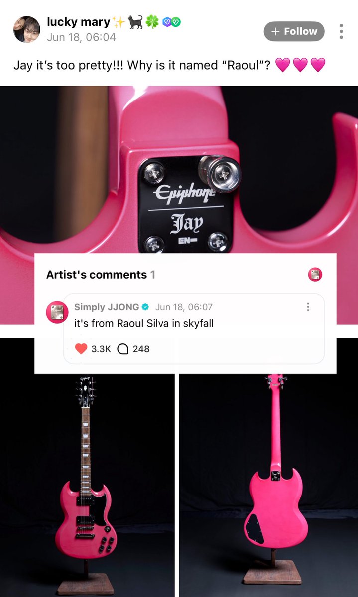 Enhagyy's tweet photo. Two of Jay’s guitars being named after characters from James Bond movies is so iconic.

The Acoustic Guitar (Vesper) was named after Vesper Lynd from Casino Royale

New Epiphone Signature Guitar (Raoul) named after Raoul Silva the main villain from Skyfall

Our biggest fanboy🥹🥹 https://t.co/kxgB9WRXet