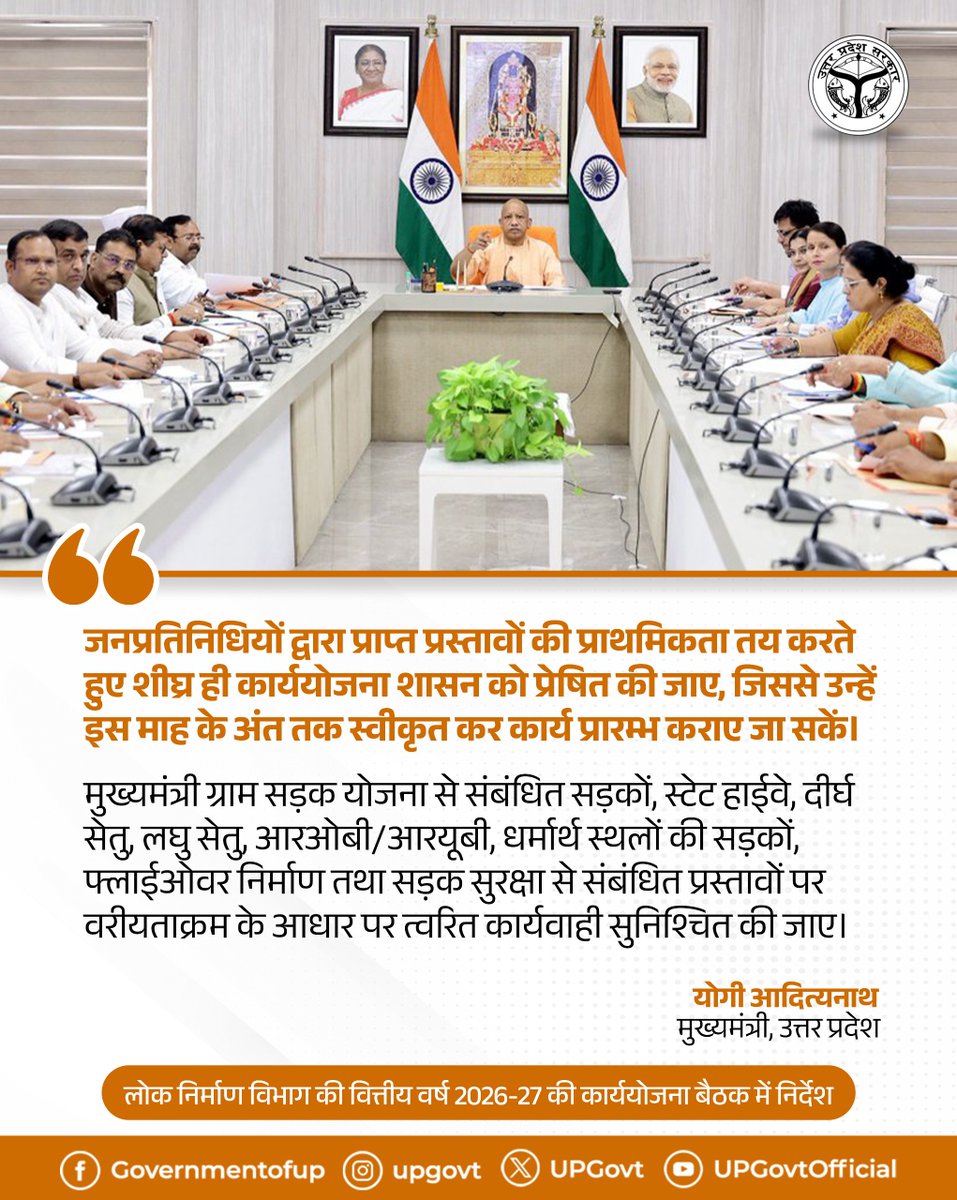 UPGovt's tweet photo. जनप्रतिनिधियों द्वारा प्राप्त प्रस्तावों की प्राथमिकता तय करते हुए शीघ्र ही कार्ययोजना शासन को प्रेषित की जाए, जिससे उन्हें इस माह के अंत तक स्वीकृत कर कार्य प्रारम्भ कराए जा सकें।

मुख्यमंत्री ग्राम सड़क योजना से संबंधित सड़कों, स्टेट हाईवे, दीर्घ सेतु, लघु सेतु, आरओबी/आरयूबी, धर्मार्थ स्थलों की सड़कों, फ्लाईओवर निर्माण तथा सड़क सुरक्षा से संबंधित प्रस्तावों पर वरीयताक्रम के आधार पर त्वरित कार्यवाही सुनिश्चित की जाए।

—मुख्यमंत्री @myogiadityanath जी