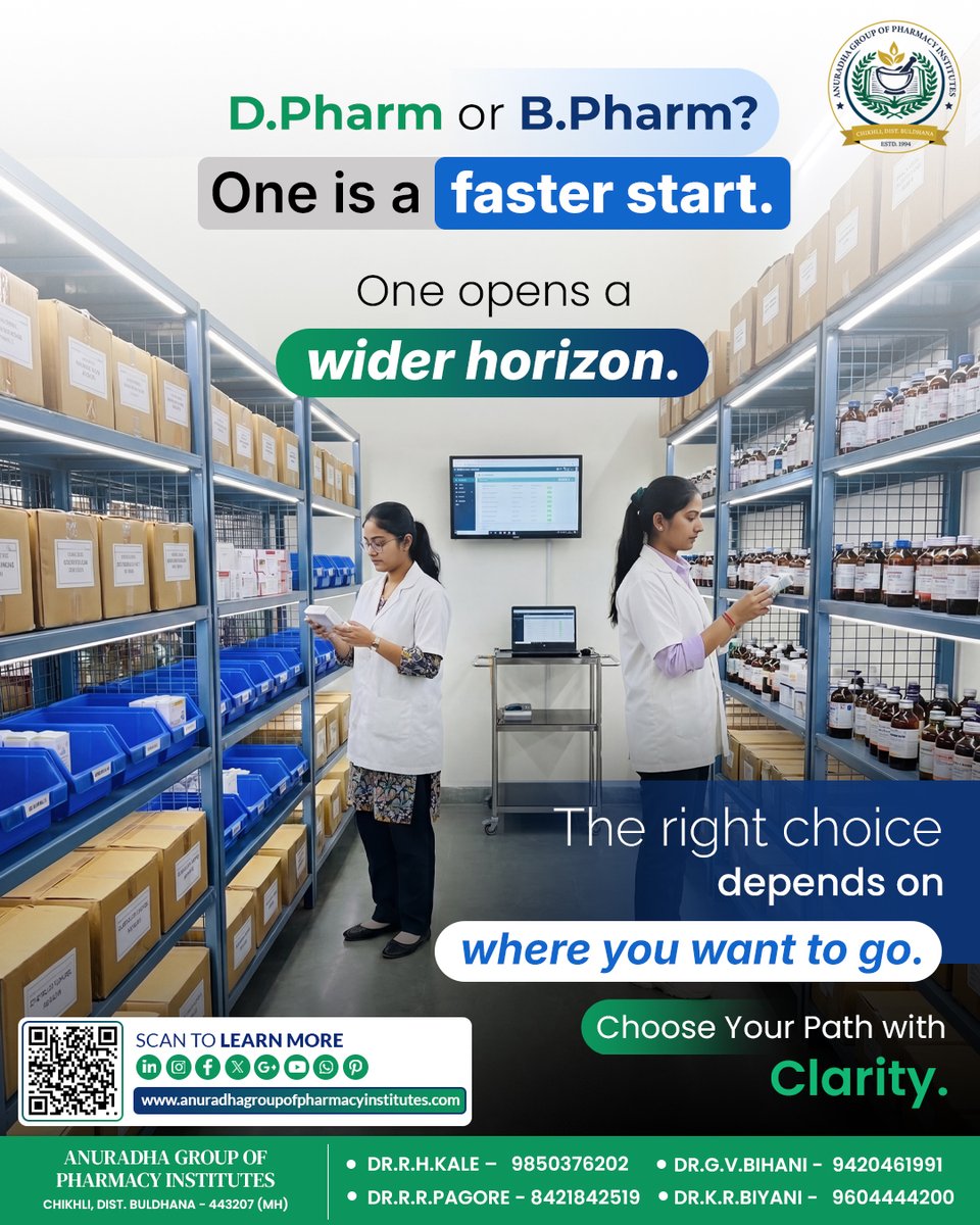 Anuradhapharma2's tweet photo. Confused between D.Pharm and B.Pharm after 12th?

D.Pharm = 2 years, quicker entry into the profession.
B.Pharm = 4 years, wider career opportunities.

The better choice is the one that matches your goals.

#DPharmVsBPharm #PharmacyAdmissions #BPharm #DPharm #CareerGuidance https://t.co/CC7Q3g3AZC