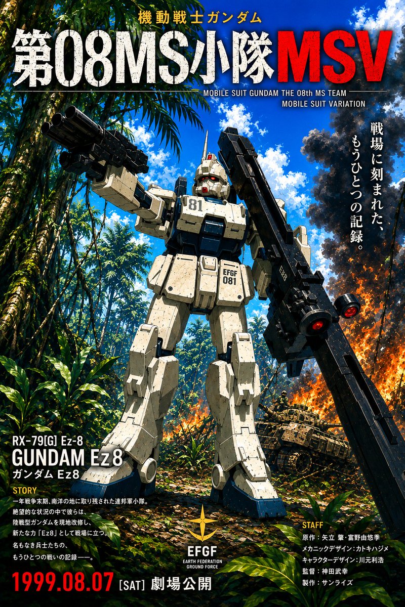 SUGO10141's tweet photo. HGUCガンダムEz8を撮影してAI（ChatGPT）で劇場版ポスター風に加工してみました。
※個人制作のファンアートです。

装備はガンダムカードビルダーでよく使っていた組み合わせ。懐かしい… https://t.co/qGnJMYkE9P