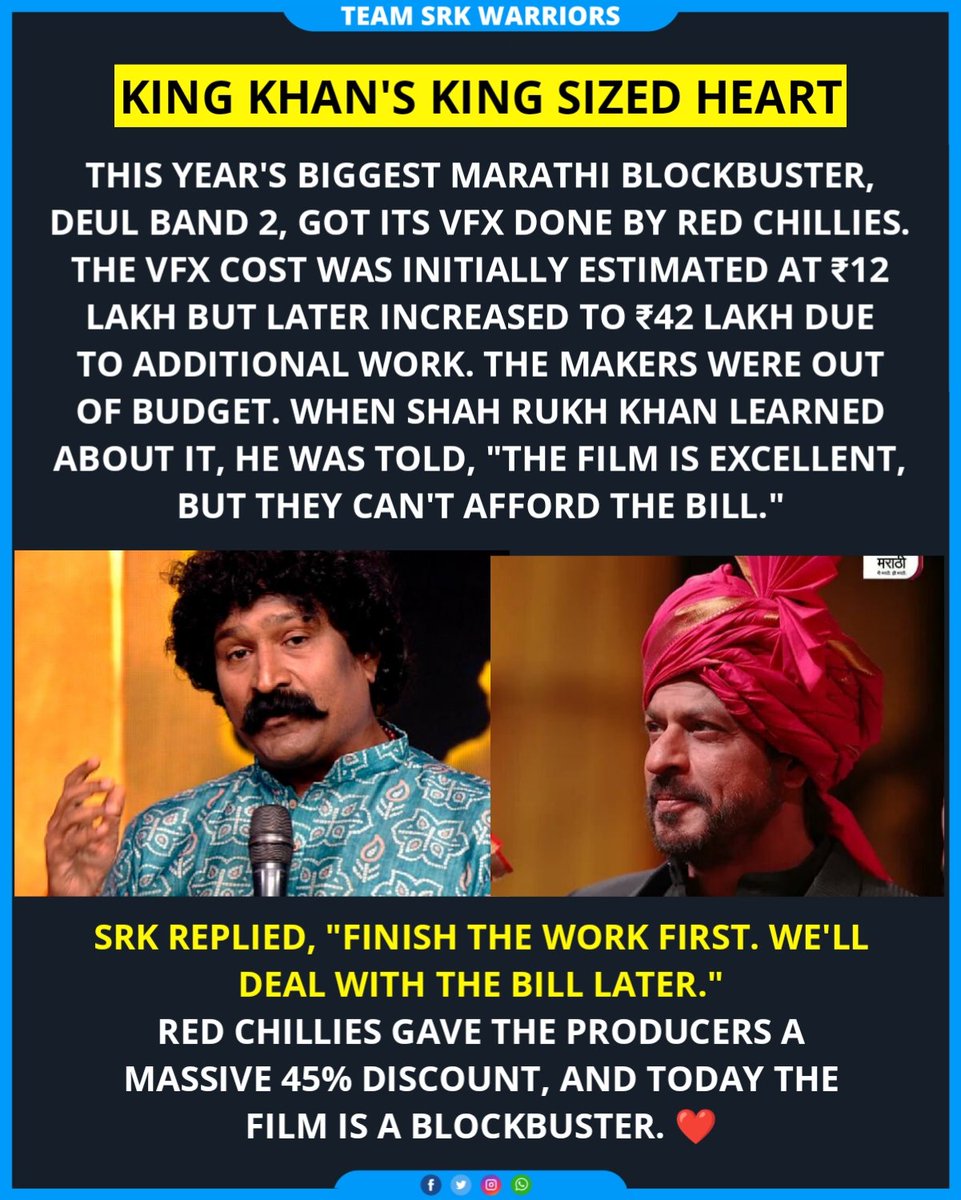 TeamSRKWarriors's tweet photo. A Superstar on screen. A Legend off it ❤️

SRK helped a small Marathi film dream bigger when it mattered most. That's why he's not just a movie star, he's a Phenomenon 👑✨

#ShahRukhKhan #KING https://t.co/0GRCGeQiJZ