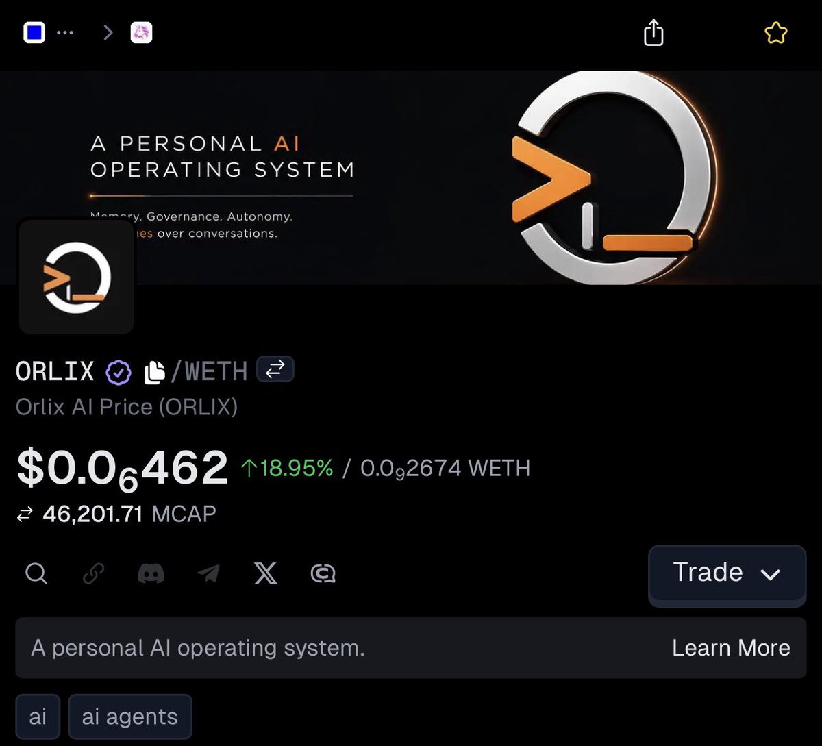 OrlixAI's tweet photo. Big milestone unlocked. ✅ $ORLIX is now verified on @geckoterminal. 

More updates coming soon. https://t.co/6QfWtLrDf9