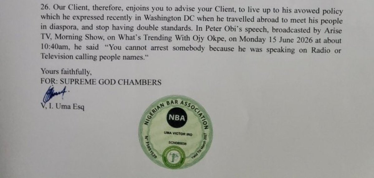 Paul_bem's tweet photo. This paragraph is crazy. 

But Peter Obi didn't arrest anyone 🤔 

What kind of lawyers are "Lawyering " in Nigeria? https://t.co/hZsR8nGHvu