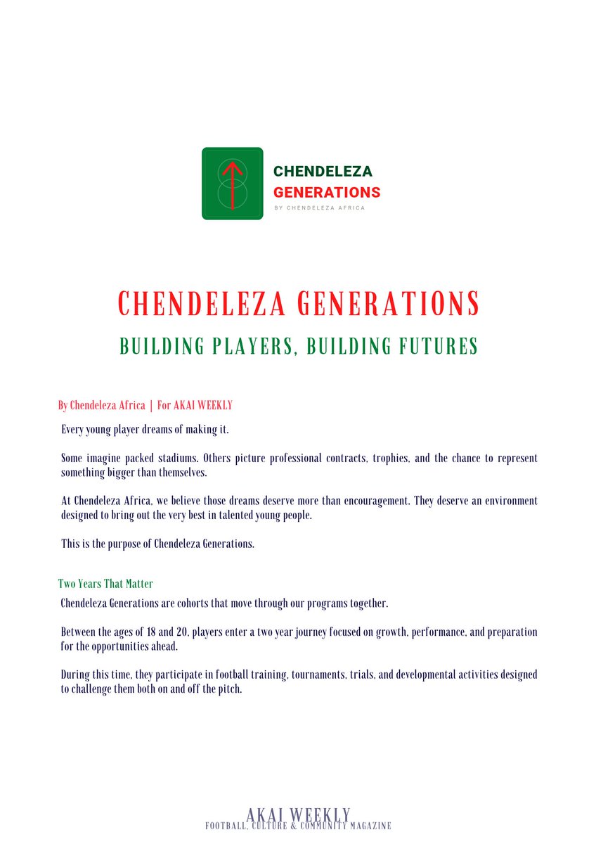 chendeleza's tweet photo. Our article in AKAI WEEKLY this week: 
 
CHENDELEZA GENERATIONS
Building Players, Building Futures https://t.co/exYgteqNUM