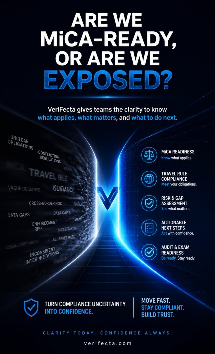 verifecta's tweet photo. Are we MiCA-ready, or are we exposed? VeriFecta gives compliance, legal, and ops the answer before the next change does 📝📄 #Verifecta #Cryptonewstalk #CryptoStartup #Web3‌‌ #MiCA #CryptoFounder #Travelrule https://t.co/ze8wTixIKN