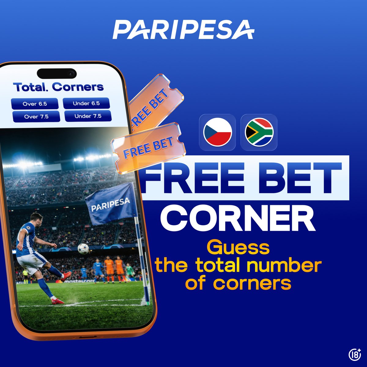 paripesa's tweet photo. 🎁 FREE BET CORNER GIVEAWAY!

🏆 FIFA World Cup 2026: Czech Republic vs South Africa

Guess the total number of corners and win Free Bets!

✅ Register on PariPesa
✅ Follow @paripesa, Like & RT post
✅ Comment: PariPesa ID + total corners prediction (example: ID12345678, 12)

Rules below 👇

Attention to the rules:
❗️Only one prediction per participant
❗️Your PariPesa account must have a verified phone number
❗️The competition is open only to users from Africa

🏆 3 winners will be selected randomly from correct answers