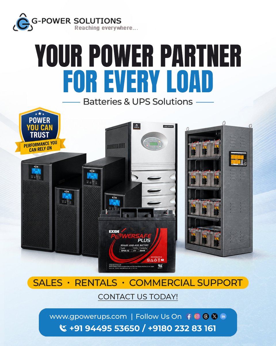 gpowerups's tweet photo. Power solutions designed to keep your home, office, and business running without interruption. ⚡
Enquire now!
📞 +91 9449553650
🌍 https://t.co/LgQMAloxeq
#gpower #upssolutions #batteries #powerbackup #commercialpower #industrialups #backupsolutions #trustedbrands https://t.co/2FNdJZup25