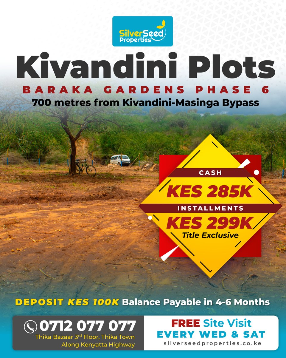 silverseedltd's tweet photo. You might be there hoping to own a home and having a small farm, but finding affordable land is your biggest challenge.

That's why our Kivandini plots are here to settle your family and accomplish your agri-business that you have always talked about. https://t.co/fLJ6IG5xIA