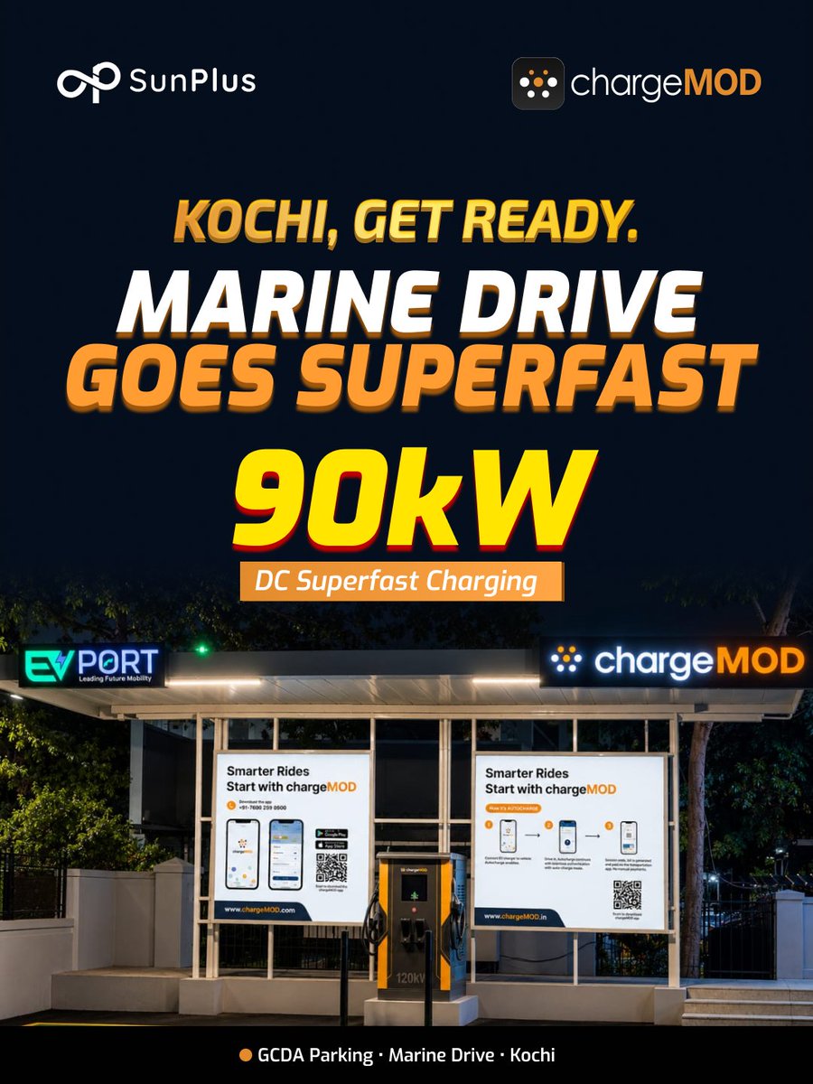 chargeMOD_IN's tweet photo. Kochi, the wait is over! Marine Drive just got a whole lot faster.

Introducing the 90kW Superfast EV Charging Station at Sun Plus EV Hub, GCDA Parking, Marine Drive, Kochi Powered by EV Port and chargeMOD.

🔋 90kW DC Fast Charging
🚗 Free Parking for EV Users
📍 Marine Drive https://t.co/DfYgeEBGsG
