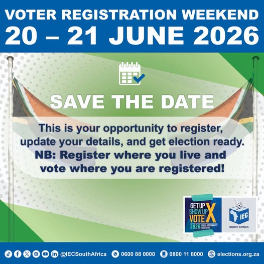 GCIS_ECape's tweet photo. ⏳ Voter Registration Weekend: Just 2 Days to Go!
 📆National Voter Registration Weekend: 20–21 June 2026. Registration stations open from 8h00 - 17h00
Make sure you're ready to participate when it matters most.
#RegisterToVote #WozaLGE2026 #GetUpShowUpVote https://t.co/elCxFIAK17