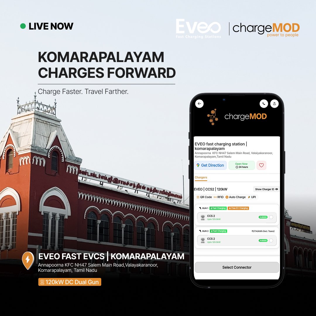 chargeMOD_IN's tweet photo. ⚡ Komarapalayam, you're now powered for the road ahead!

The journey just got faster with EVEO Fast EVCS, Komarapalayam, now live on the chargeMOD network.

🔋 120kW DC Dual Gun Fast Charger
📍 Annapoorna KFC, NH47 Salem Main Road, Valayakaranoor, Komarapalayam, Tamil Nadu https://t.co/RmjlRfIPIc