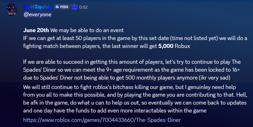 NullSquids's tweet photo. I know a lot of people who follow me on here don't necessarily know about my game but it was killed off by Roblox's updates. I am no longer able to develop for the game indefinitely due to loss of funds from Roblox forcing the game to be 16+ (1)
#RobloxDev https://t.co/76QDvEiSD9