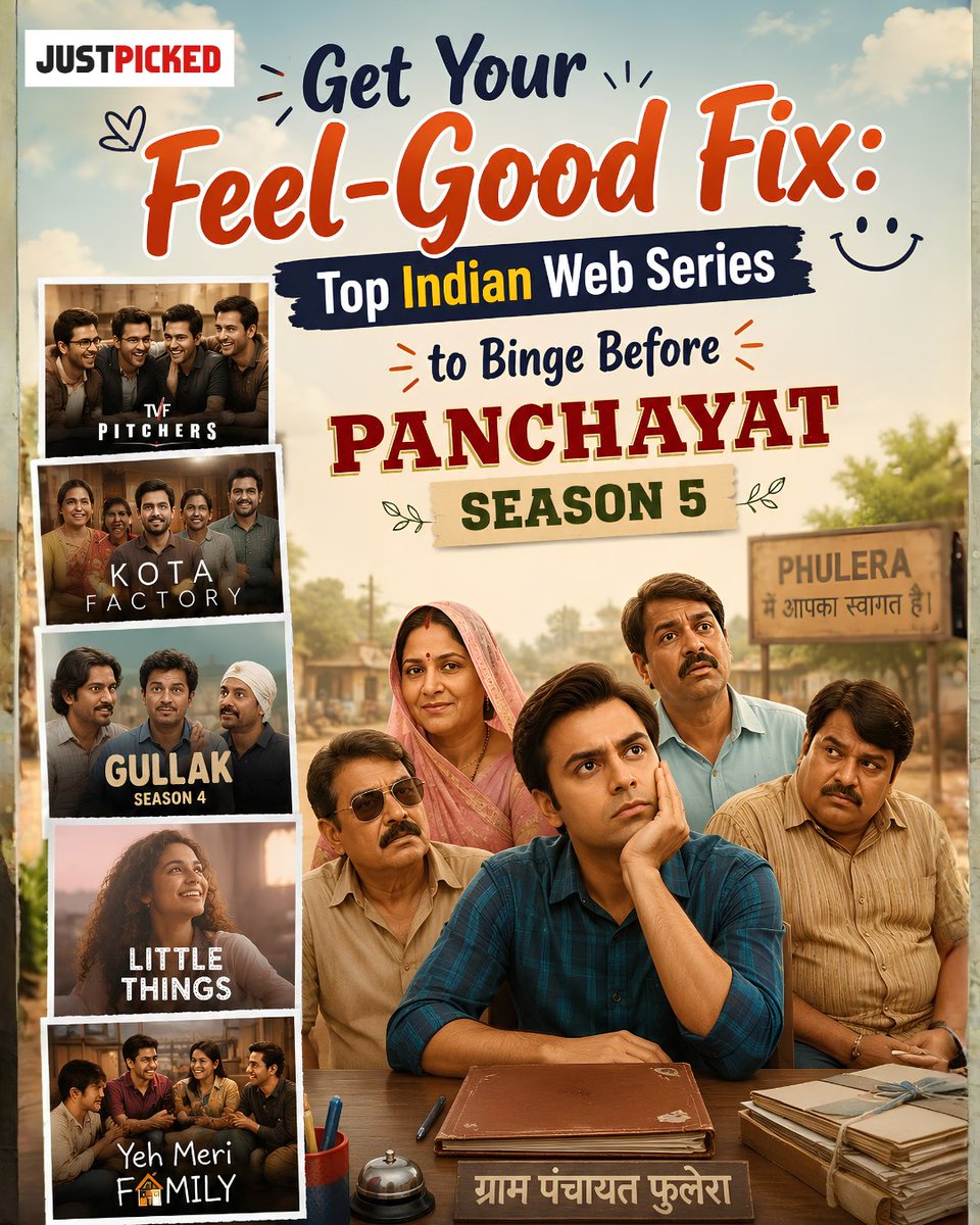 justpickedup's tweet photo. Missing the warmth and charm of #Panchayat?
While waiting for Season 5, there are plenty of Indian #webseries that capture the same feel-good storytelling, relatable characters, and slice-of-life moments that made Panchayat a fan favourite. 
🔗https://t.co/9Pw4fzpQO5
#justpicked https://t.co/fjvbpiGirZ