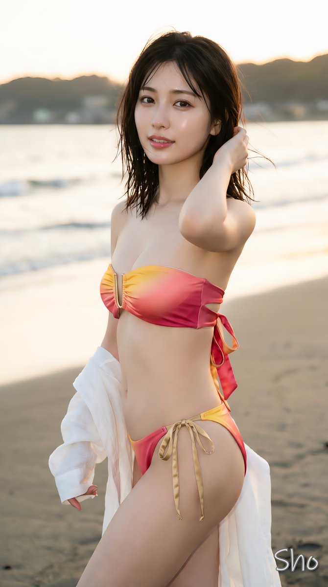 kawasho_web's tweet photo. Sunset colors and glossy satin are such a perfect match 👙🌅✨
This warm gradient bikini turned out with exactly the dreamy summer mood I wanted.

The gold ribbon details are my favorite little touch 💛

Prompt is in the comments 🌸
#KawashoAI https://t.co/F6hca8B59N