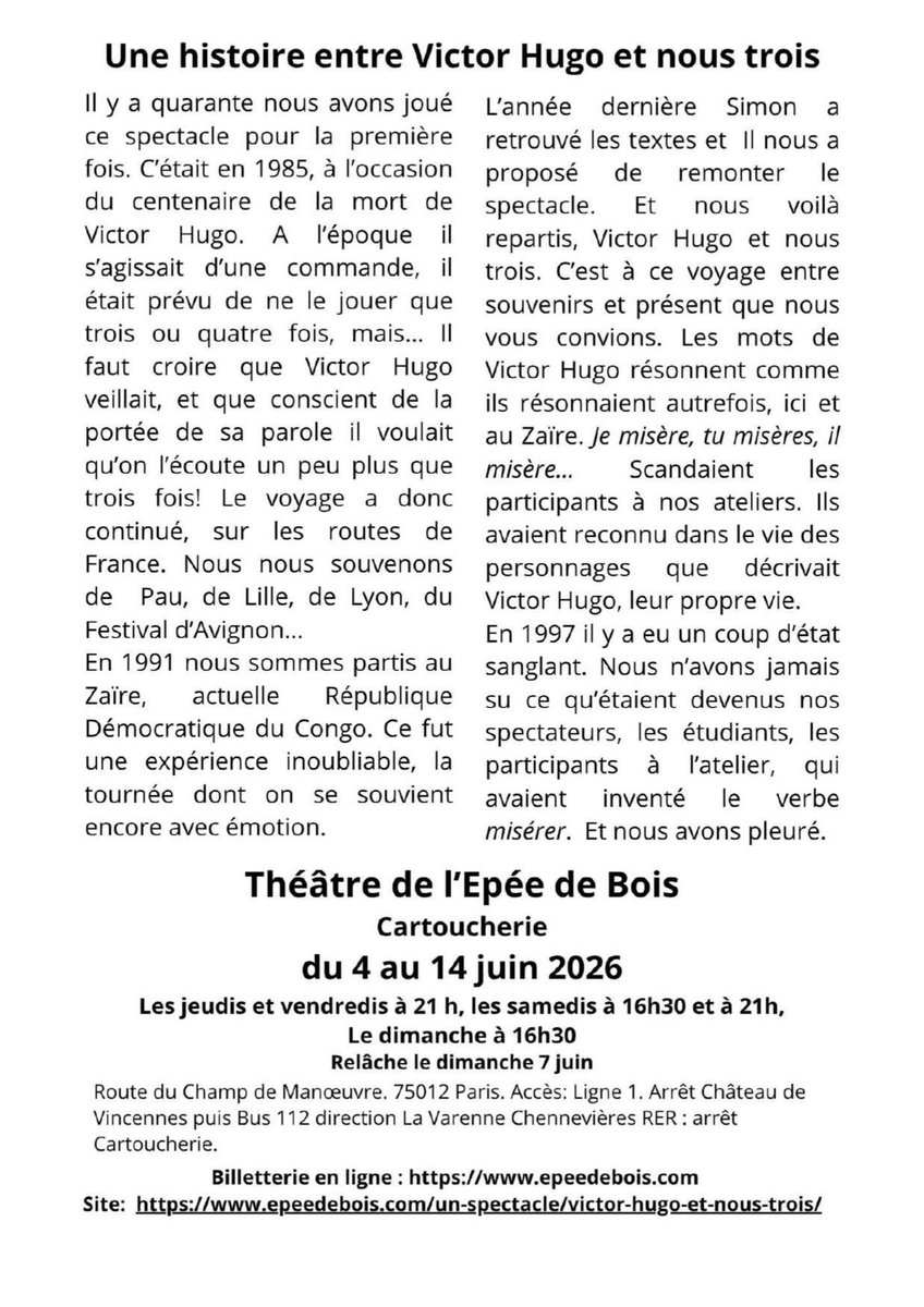 GalerneJ's tweet photo. VICTOR HUGO &amp; NOUS TROIS en juin 2026 au Théâtre de l’Epée de Bois Cartoucherie.

Un voyage initiatique dans l’univers torturé de l'écrivain. Les 3 comédiens jettent dans la lumière les exclus, les humiliés, les vilains comme Gwynplain, Petit Gervais, Fantine, Valjean, Zubiret... https://t.co/UjNZNliZDW