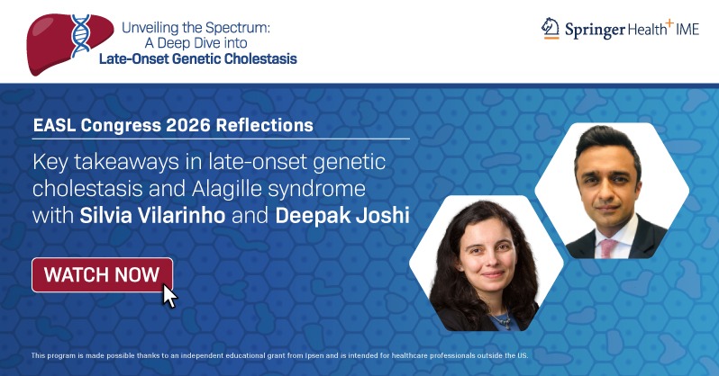 SpringerIME's tweet photo. Dr Silvia Vilarinho and Dr Deepak Joshi reflect on the highlights from EASL 2026 in this short video, focusing on late-onset genetic cholestasis and Alagille syndrome.  

They discuss the expanding role of genomic testing in adults, emerging IBAT-targeted therapies, and more.