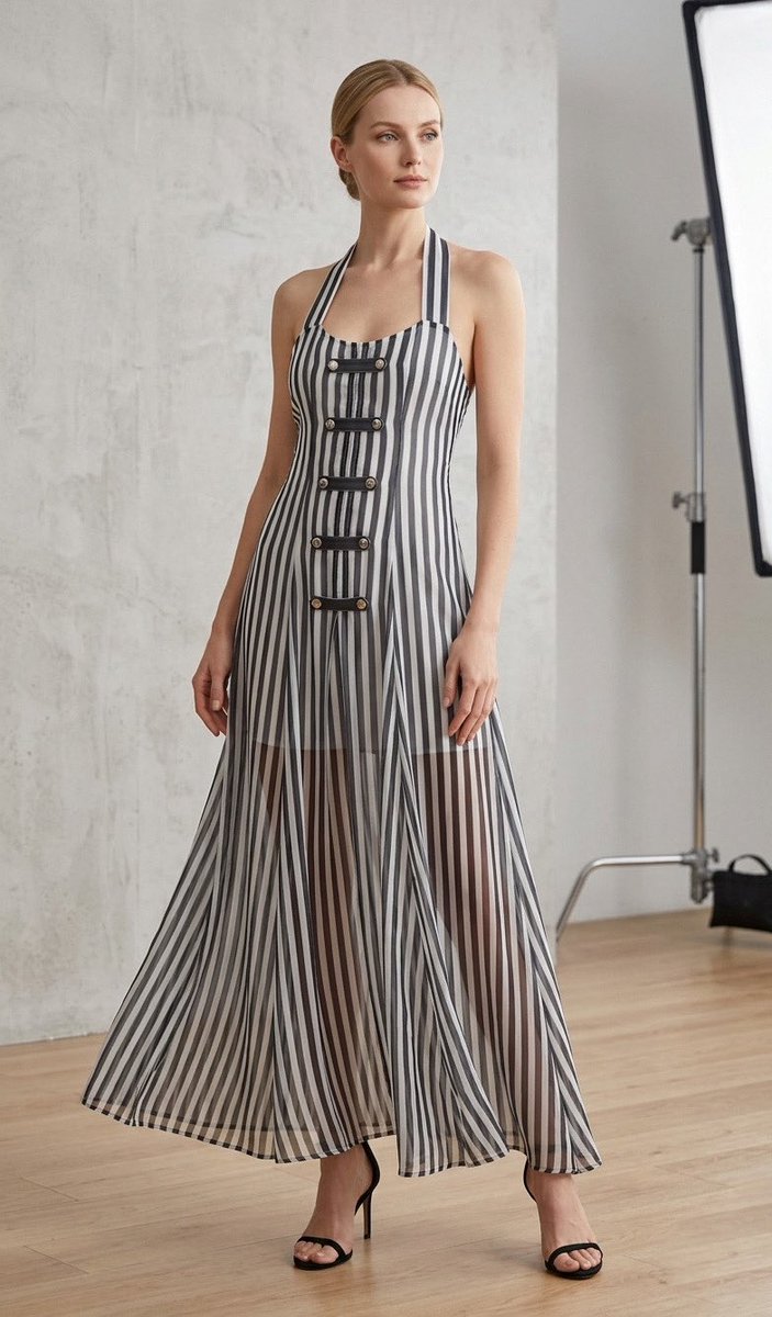 MsenvyCorp's tweet photo. Sheer elegance, bold lines. Introducing the Stripe Modern Silk Chiffon Dress from our 2027SS collection. 🕊️

#msenvycorp #MsEnvy #2027SS https://t.co/TmbXyG1BPh