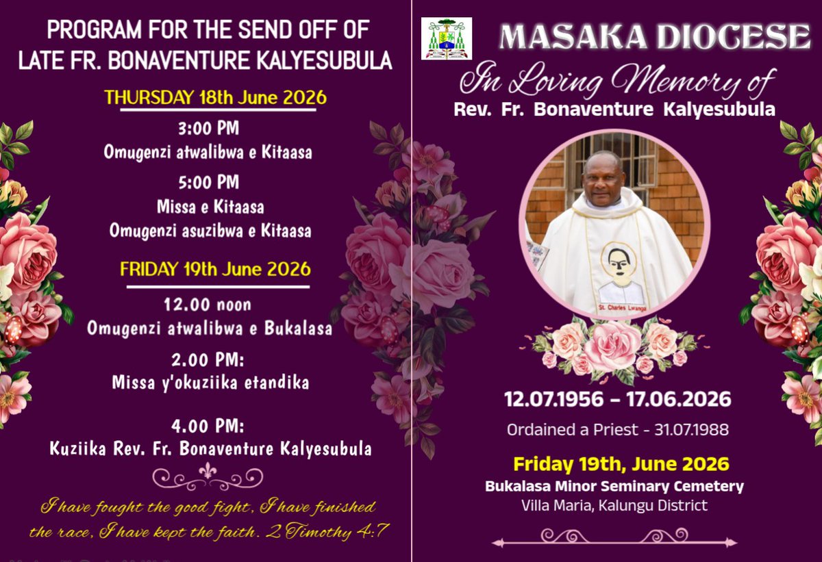 Masaka_Diocese's tweet photo. FUNERAL PROGRAM FOR LATE REV. FR. BONAVENTURE KALYESUBULA https://t.co/6xQhXDJFOJ