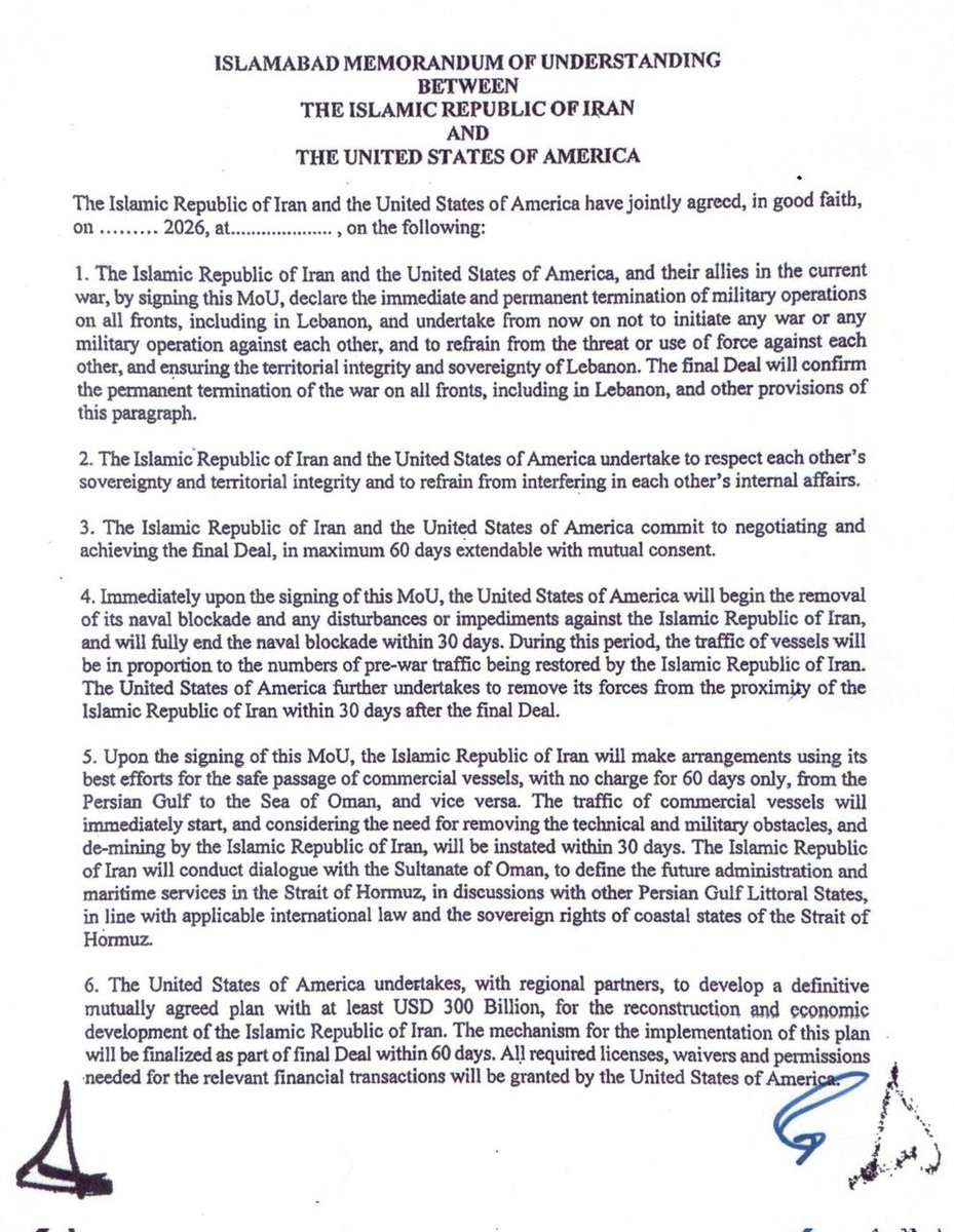 Iran_GOV's tweet photo. Full text of the Islamabad  Memorandum of Understanding (MoU) between the Islamic Republic of Iran and the United States, signed by the Presidents of the two countries. https://t.co/YSrUqSfPXV